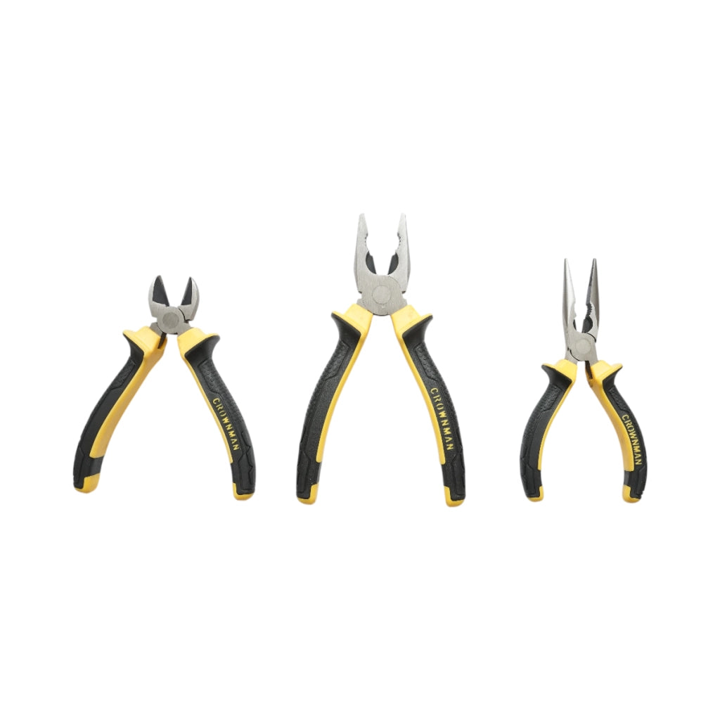 Set di 3 pinze combinate da 200 mm, 165 mm e 165 mm con punta affilata, marca Crownman Professional.