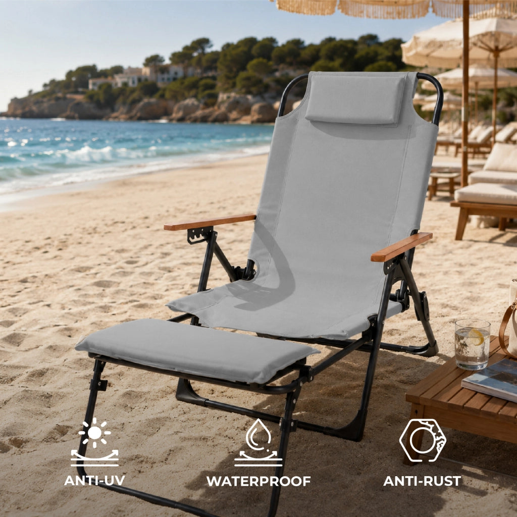 Sedia Mare Reclinabile con Poggiapiedi Estraibile, 4 Regolazioni Schienale, Poggiatesta e Tasca Portaoggetti, Spiaggina Poltrona Pieghevole da Spiaggia in Acciaio e Poliestere 600D Grigio