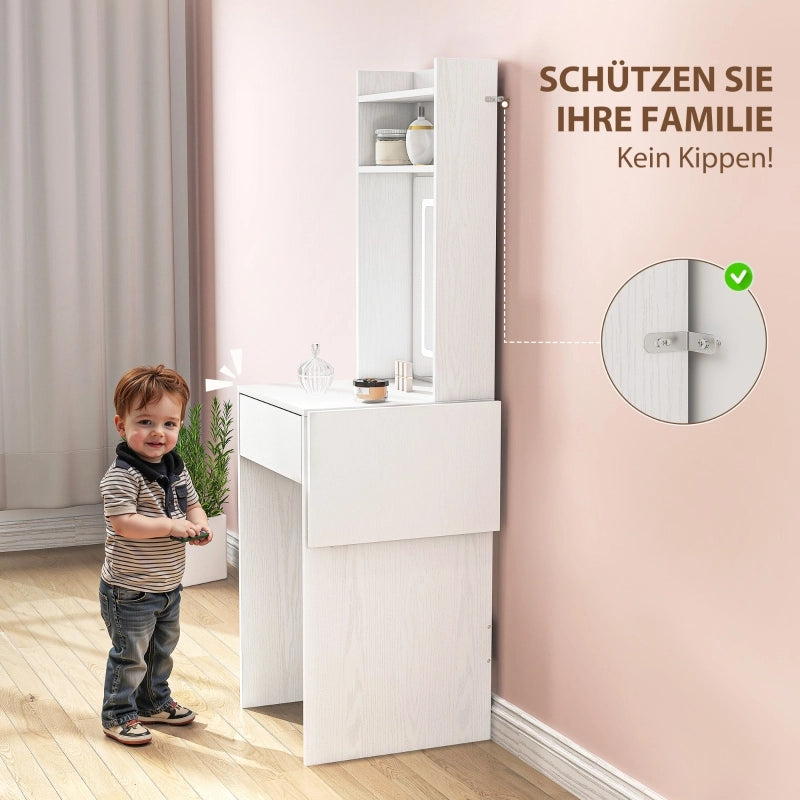 Trucchi con specchio e luci LED ¨C Minimal ¨C MDF bianco, piano pieghevole, ripiani, cassetto