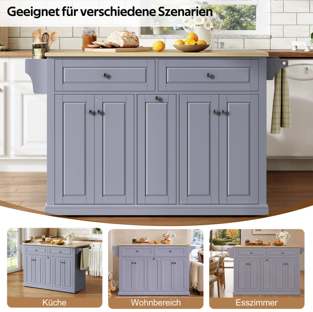 Isola da cucina con piano ribaltabile 121x49(69)x89 cm in MDF naturale e grigio