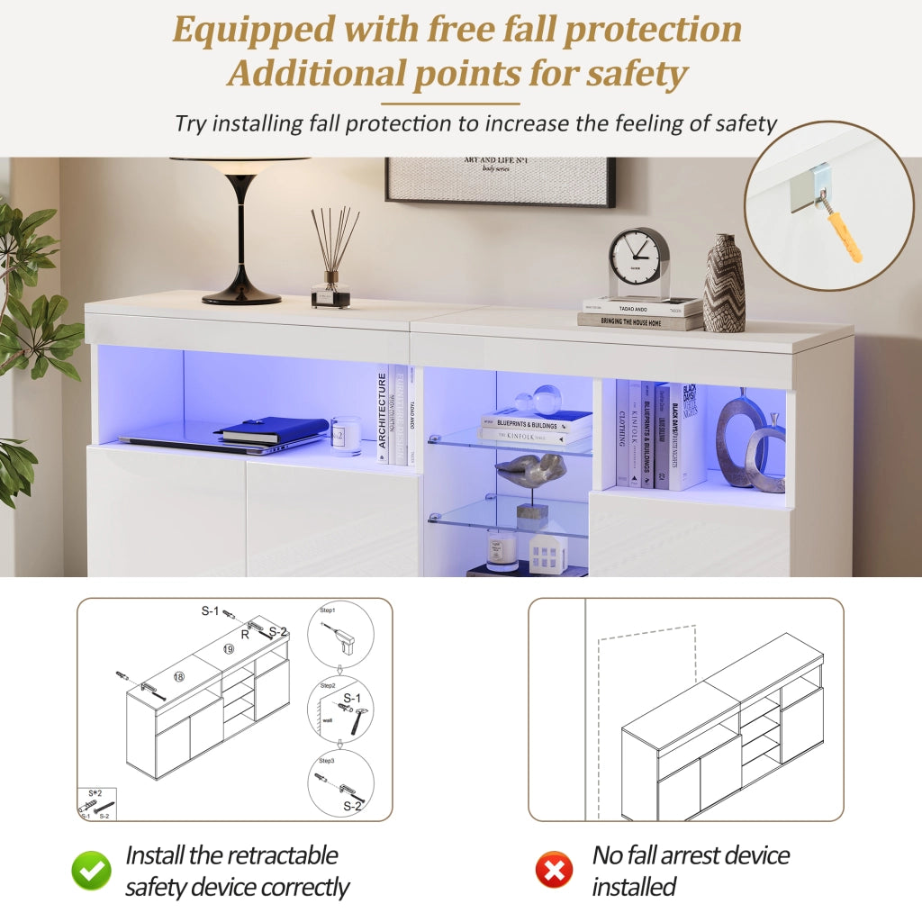Credenza e madia con LED e 3 ante, 1 vano aperto e ripiani in vetro, per soggiorno, bianco, 155,5 × 35 × 72 cm