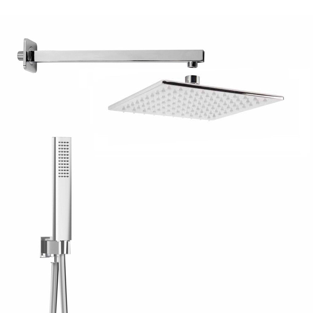 Set doccia completo 3 pezzi in acciaio inox con soffione  25x25 cm braccio doccia e kit doccino in ottone cromo lucido