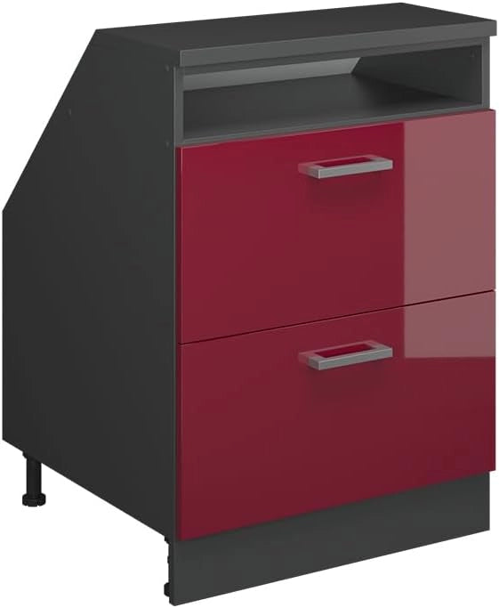 Mobile sottotetto Rion, Rosso lucido, 60 x 81.6 cm con 2 cassetti, carcassa 60 cm profondità, adatto per il salvaspazio sotto tetti spioventi
