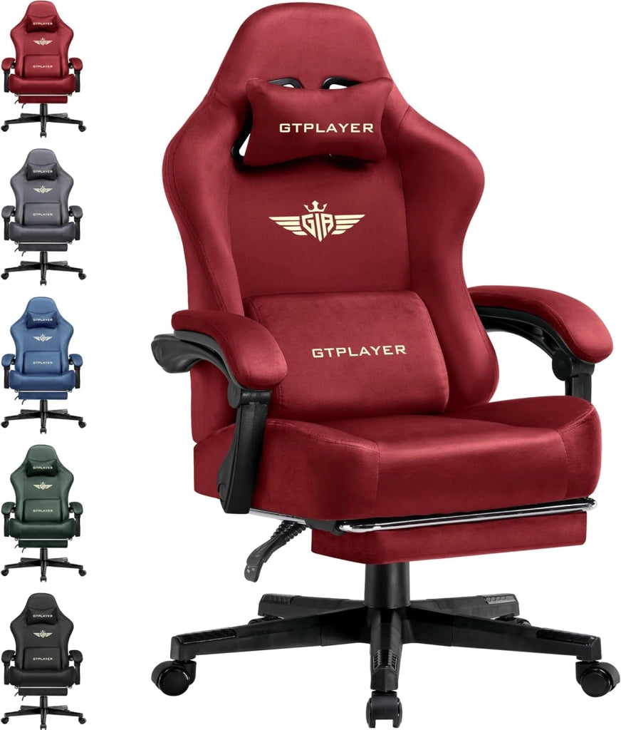 Sedia da gioco in tessuto,ergonomica per computer,con poggiapiedi e supporto lombare, regolabile in altezza,per casa e ufficio,con sedile girevole a 360° e poggiatesta,carico 180 kg (nero)