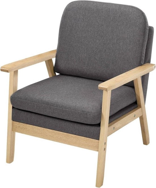 Sedile Lounge in Lino - Fauteuil con Cuscini Spessi e Struttura in Legno Massello - Design Scandinavo - Poltrona per Salotto, Camera da Letto o Balcone - Grigio Scuro - 64x81,5x66,5 cm
