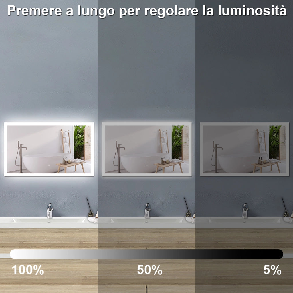 Specchio bagno Rettangolare 100x60 cm con led, Dimmerabile, Touch Control, Antiappannamento riscaldato,memoria, IP44