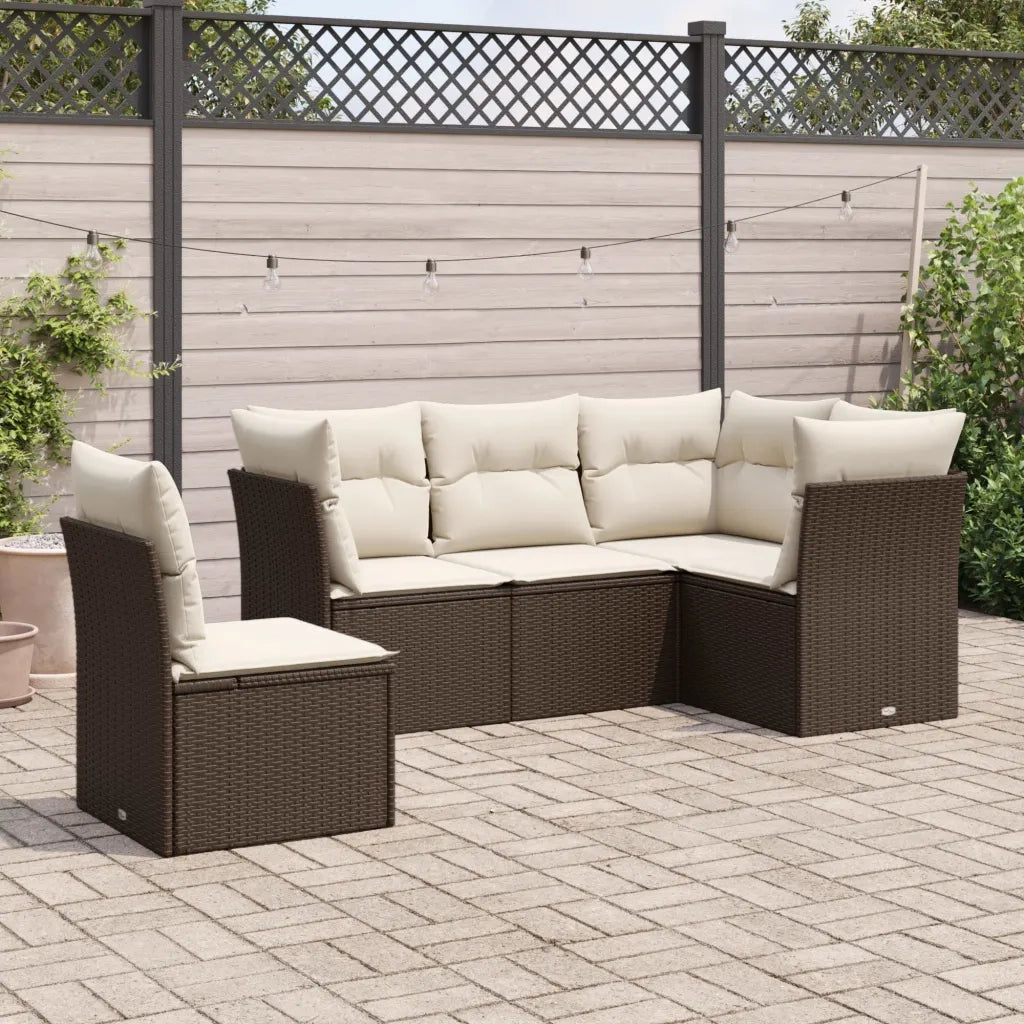 Set Divano da Giardino 5 pz | Set Salotto da Giardino con Cuscini Marrone in Polyrattan
