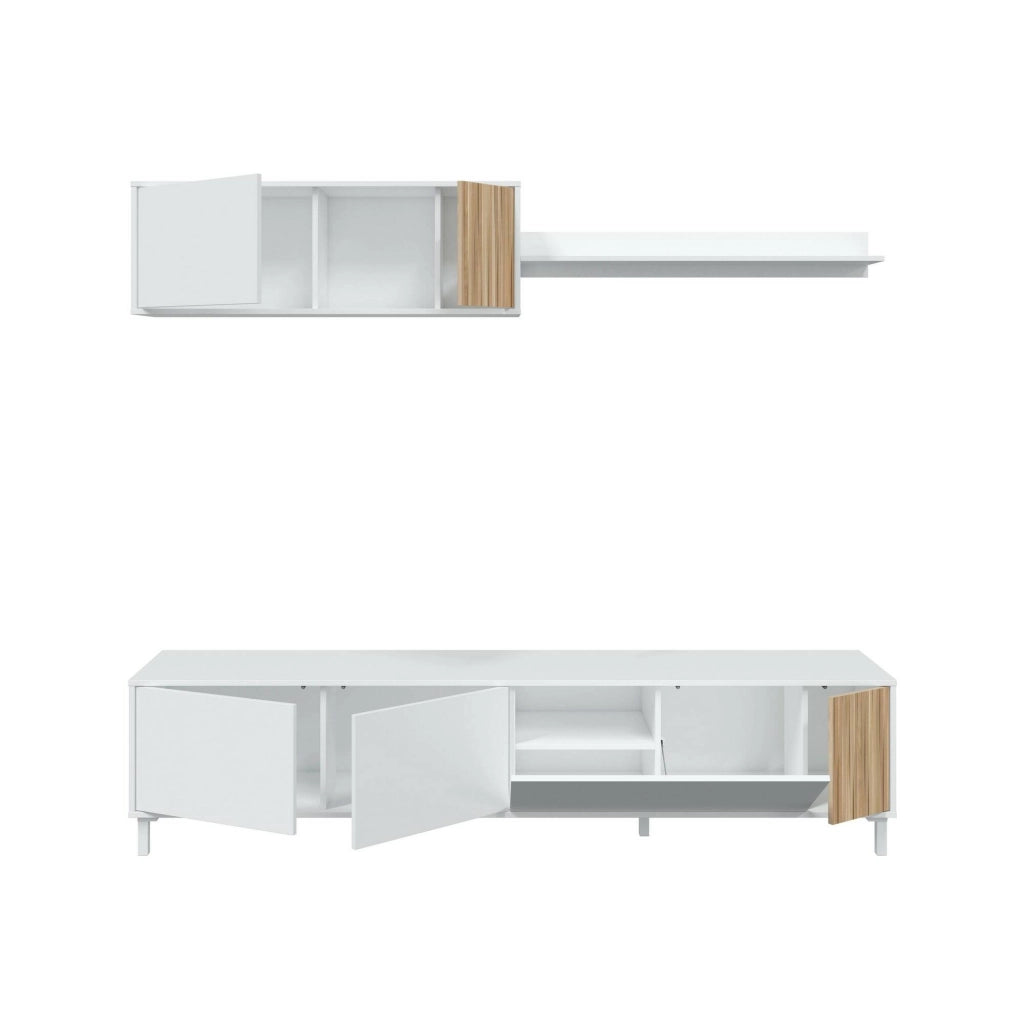 Mobile porta TV Banari, Armadietto soggiorno con ante, Armadio pensile con mensola, Credenza multiuso, 200x40h47 cm, Bianco e Rovere