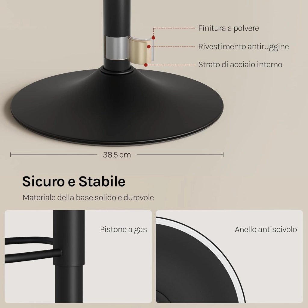 Sgabello da Cucina, Sgabello da Bar Colazione Regolabile in Altezza Girevole a 360°, per Bar, Cucina, Banco, Caffè, PVC+Metallo, con Poggiapiedi, Nero+Nero