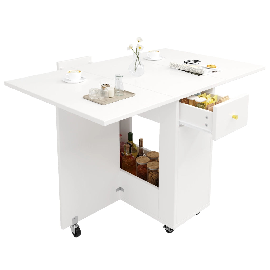 Tavolo da pranzo pieghevole con ripiani aperti, 2 cassetti e ruote, per cucina e soggiorno, bianco, 120 × 75 × 75 cm