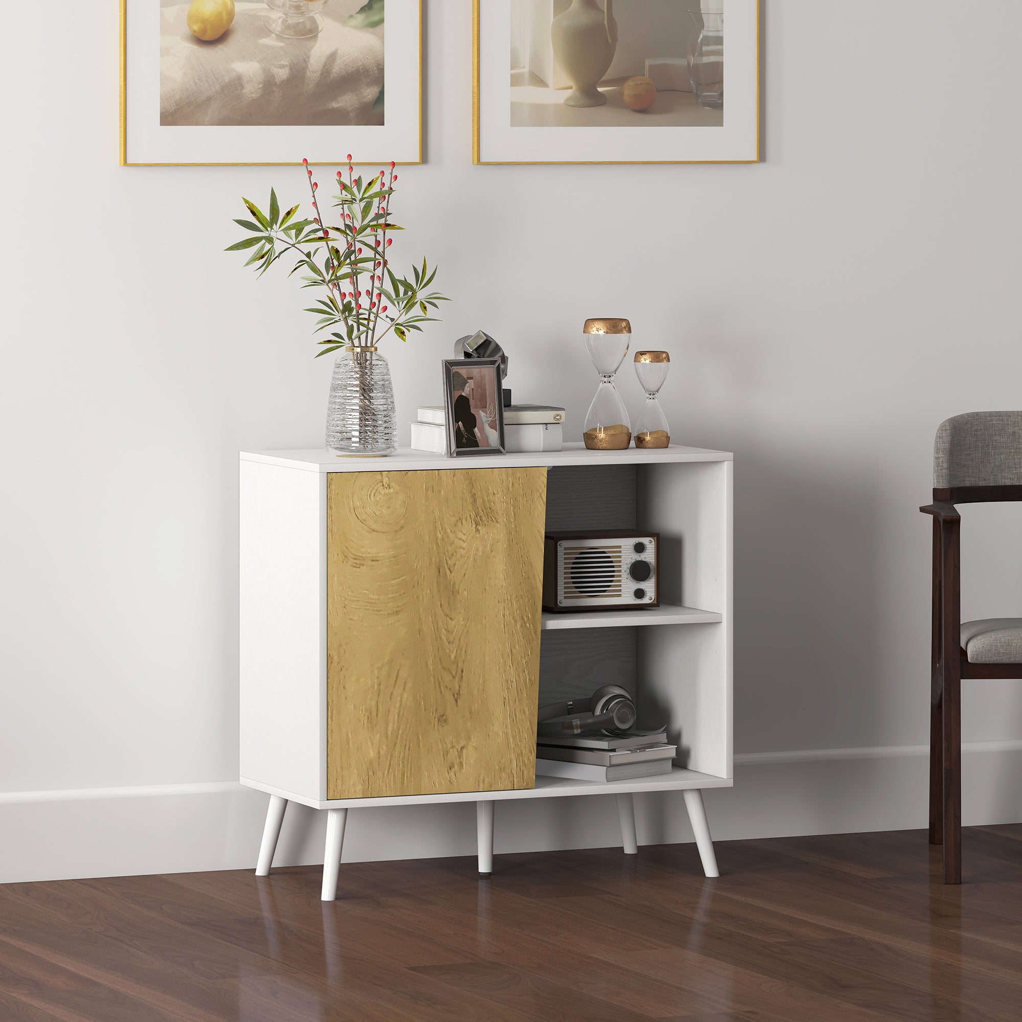 Credenza Moderna Mobile Basso 80x39x76 cm con Armadietto e Vani a Giorno in Legno Bianco