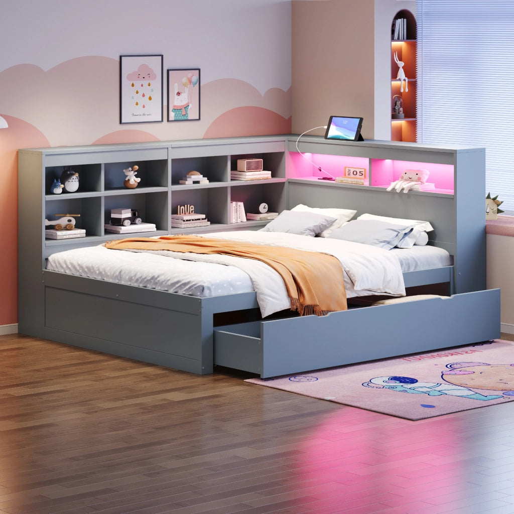 LETTO divano 90x200 cm con cassetti USB LED in legno grigio