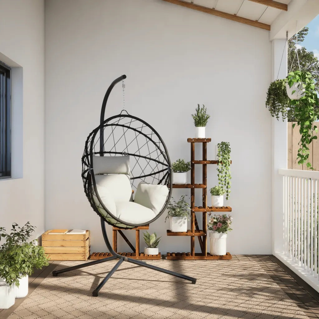 Sedia a Uovo Sospesa con Supporto Beige in Polyrattan e Acciaio CFW7667965