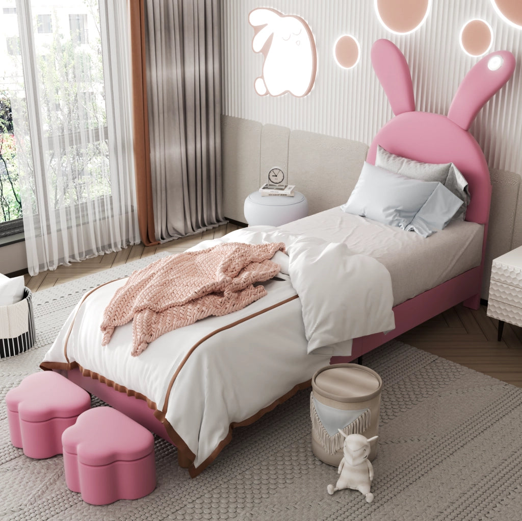 Letto 90x200 cm in velluto francese rosa con LED; 2 panche contenitore e orecchie pieghevoli