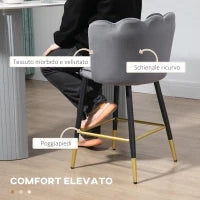 Set da 2 Sgabelli da Bar Vellutati con Poggiapiedi e Base in acciaio, 59x52x90cm, Grigio