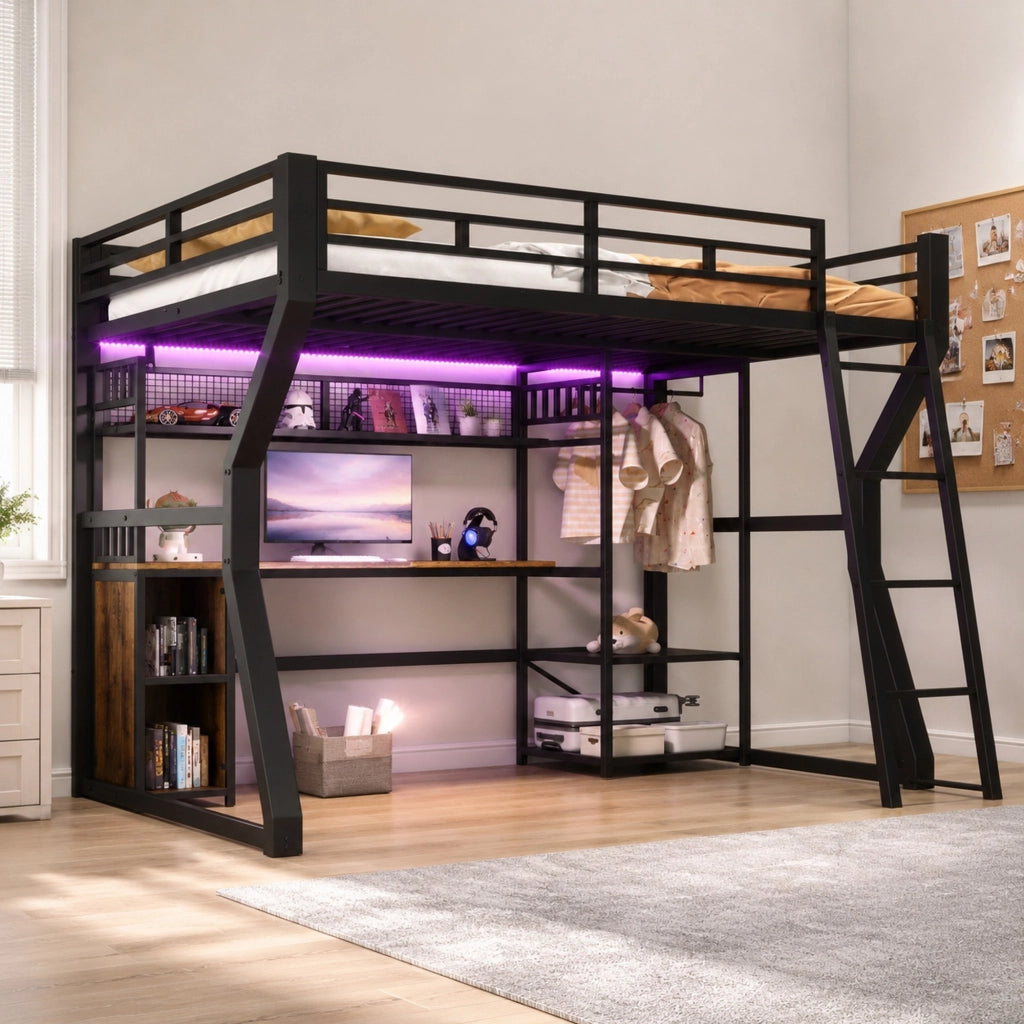 Letto a soppalco 140x200 cm con scrivania e LED nero