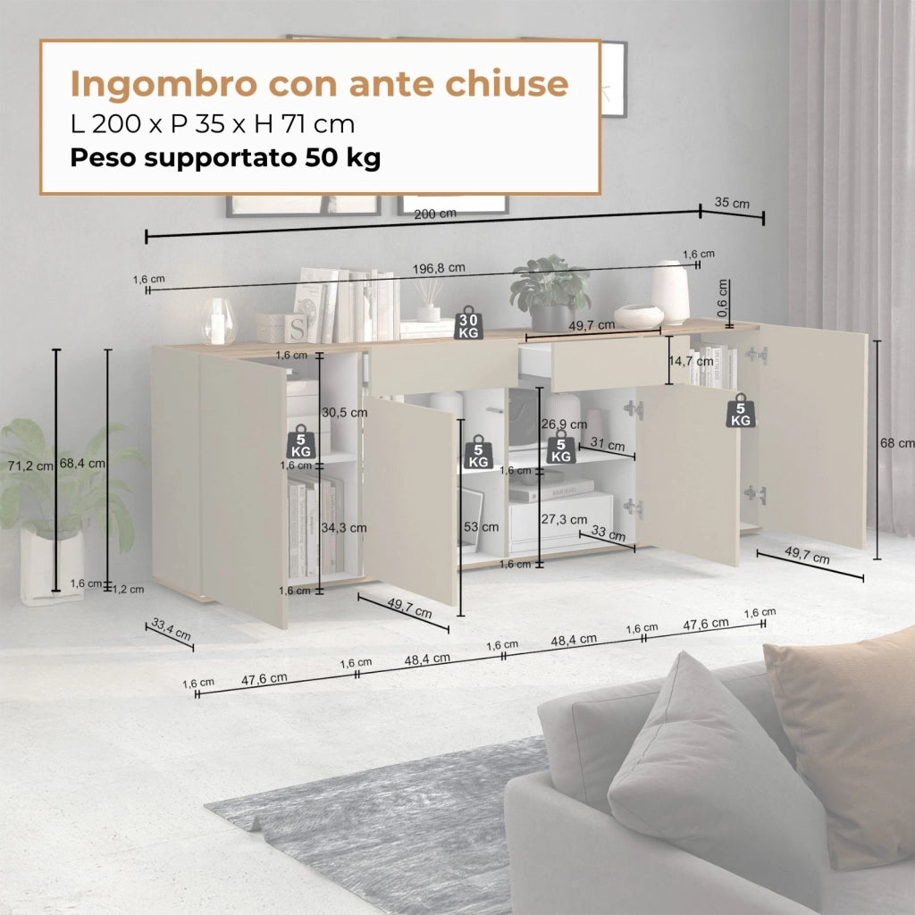 WHOUS Madia Garda a 4 ante e 2 cassetti tortora opaco e rovere 200x35x71 cm
