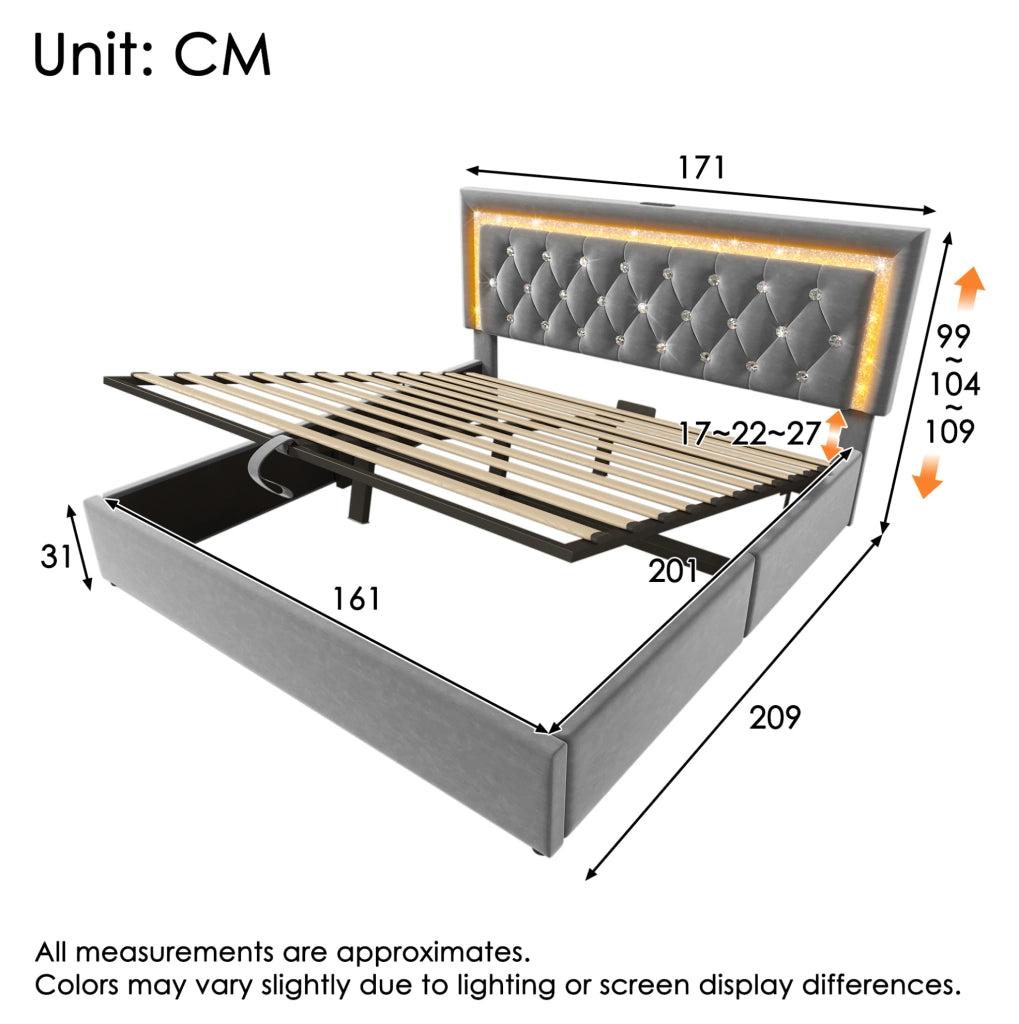 Letto matrimoniale 160x200 cm in velluto grigio con LED; USB e USB-C; contenitore idraulico