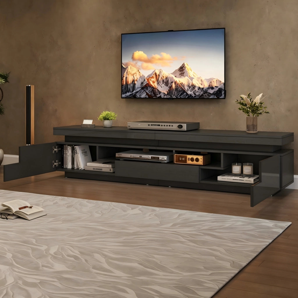 Mobile TV 175x38x45 cm con LED; 2 armadietti a L e 1 cassetto in truciolato nero