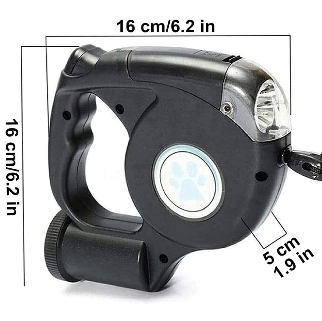 Guinzaglio Retrattile 3in1 con Luce Led e Porta Sacchetti Igienici 5Metri Nero o Grigio