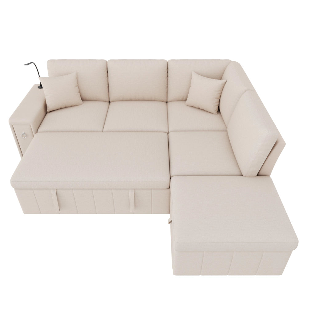 Divano angolare L convertibile con letto; pouf contenitore e lampada LED; 213x184x88 cm; beige in lino
