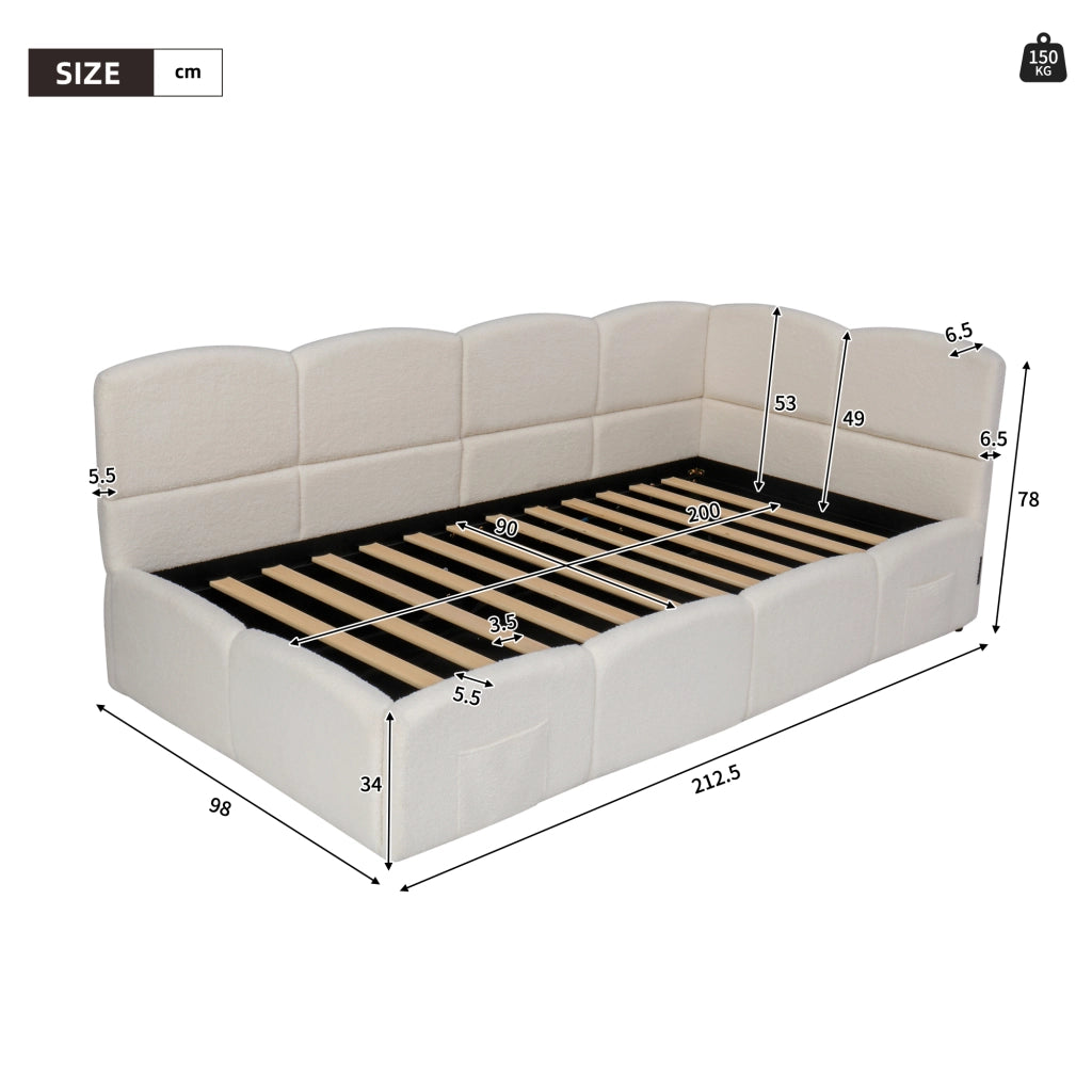 Letto singolo imbottito 90x200 cm in bouclé beige con contenitore idraulico, porte USB-A/USB-C e tasche laterali