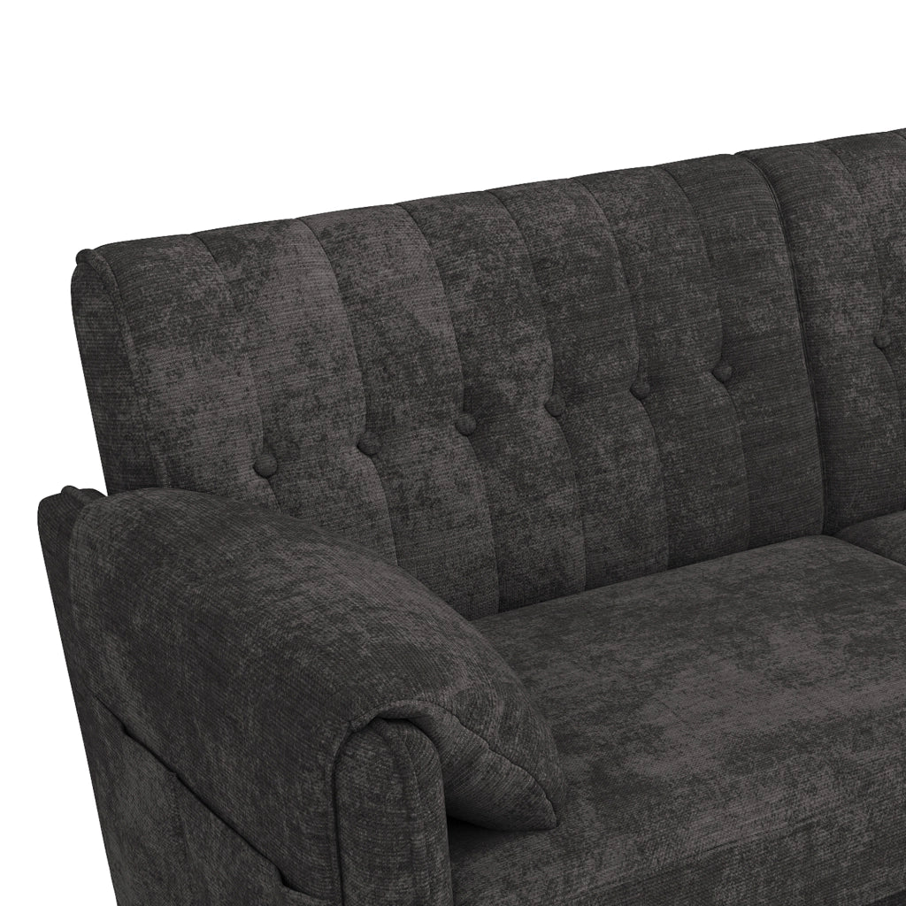 Divano a 2 posti compatto in chenille con schienale ergonomico, cuscini bracciolo e tasche laterali grigio scuro