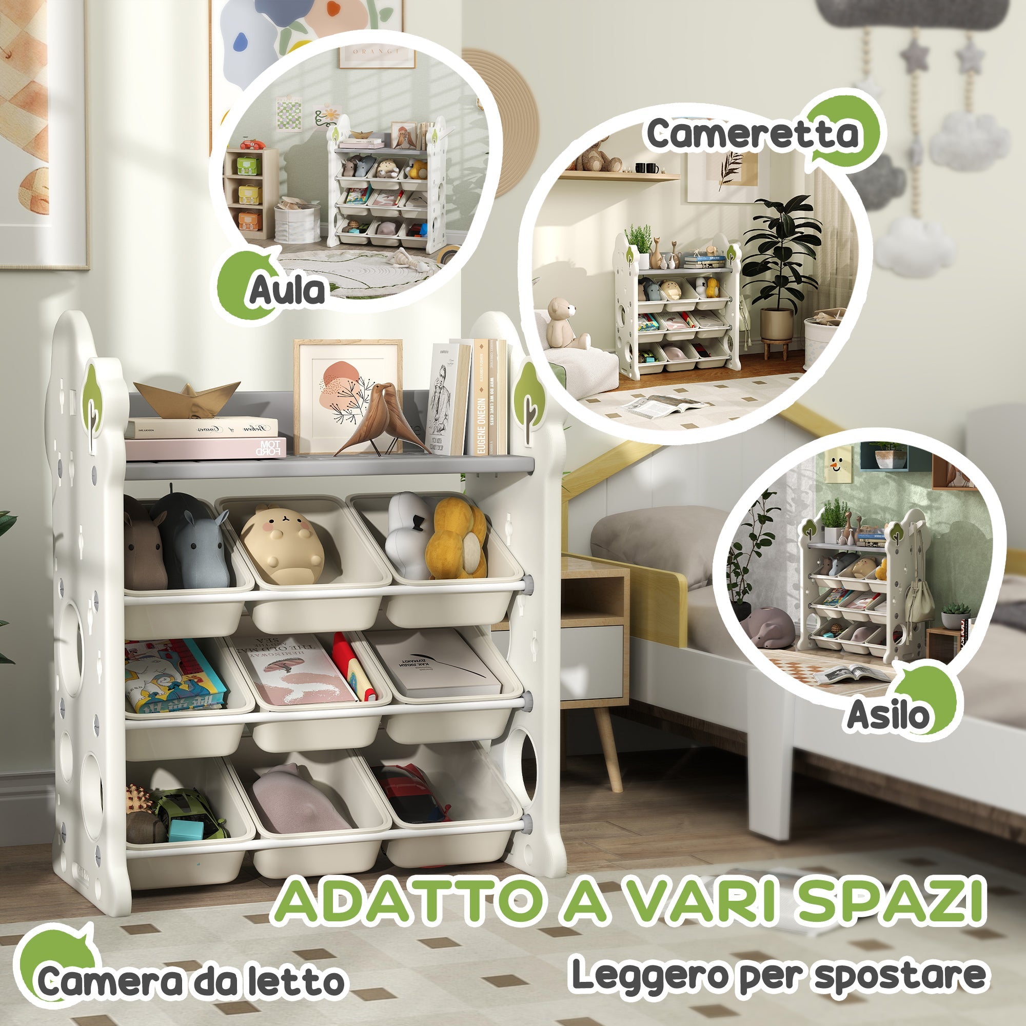 Scaffale Portagiochi a 4 Livelli con 9 Contenitori 77x42x94 cm in HDPE Bianco Crema