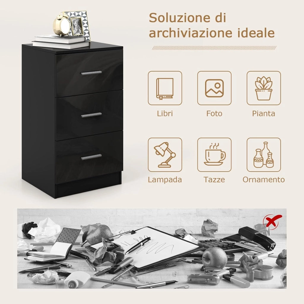 Comodino Camera da Letto 37 x 34 x 66,5cm, Cassettiera in Legno Moderno con 3 Cassetti, Mobile Salvaspazio per Soggiorno, Ufficio e Camerretta (1, Nero)