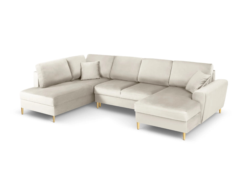 Cosmopolitan Design - Divano panoramico convertibile sinistro con contenitore "Kyoto" 7 posti in velluto beige chiaro 