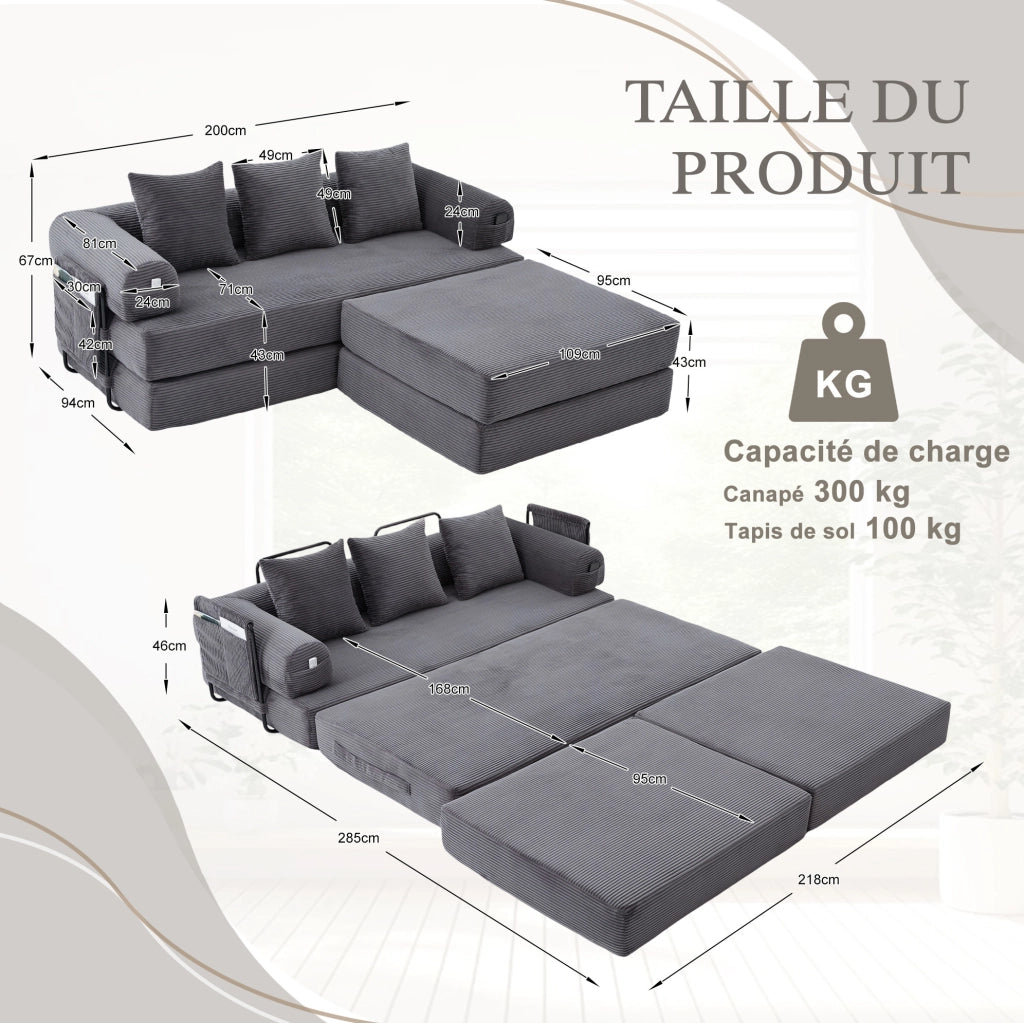 Divano modulare ULEVR con pouf 200x190x67 cm, 3 cuscini e tasca laterale, velluto a coste grigio scuro