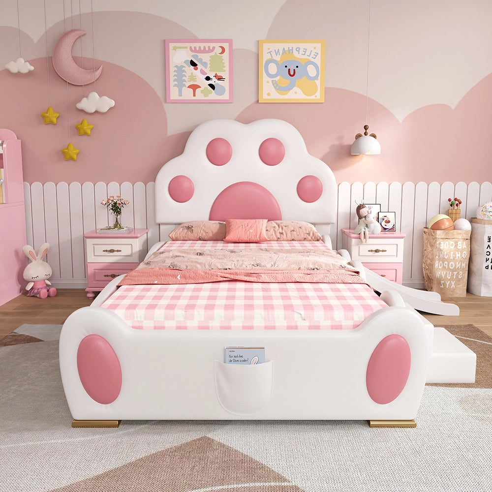 Letto bambino-Xylo-90x200 cm-testo zampa gatto, scivolo, scala, bianco+rosa