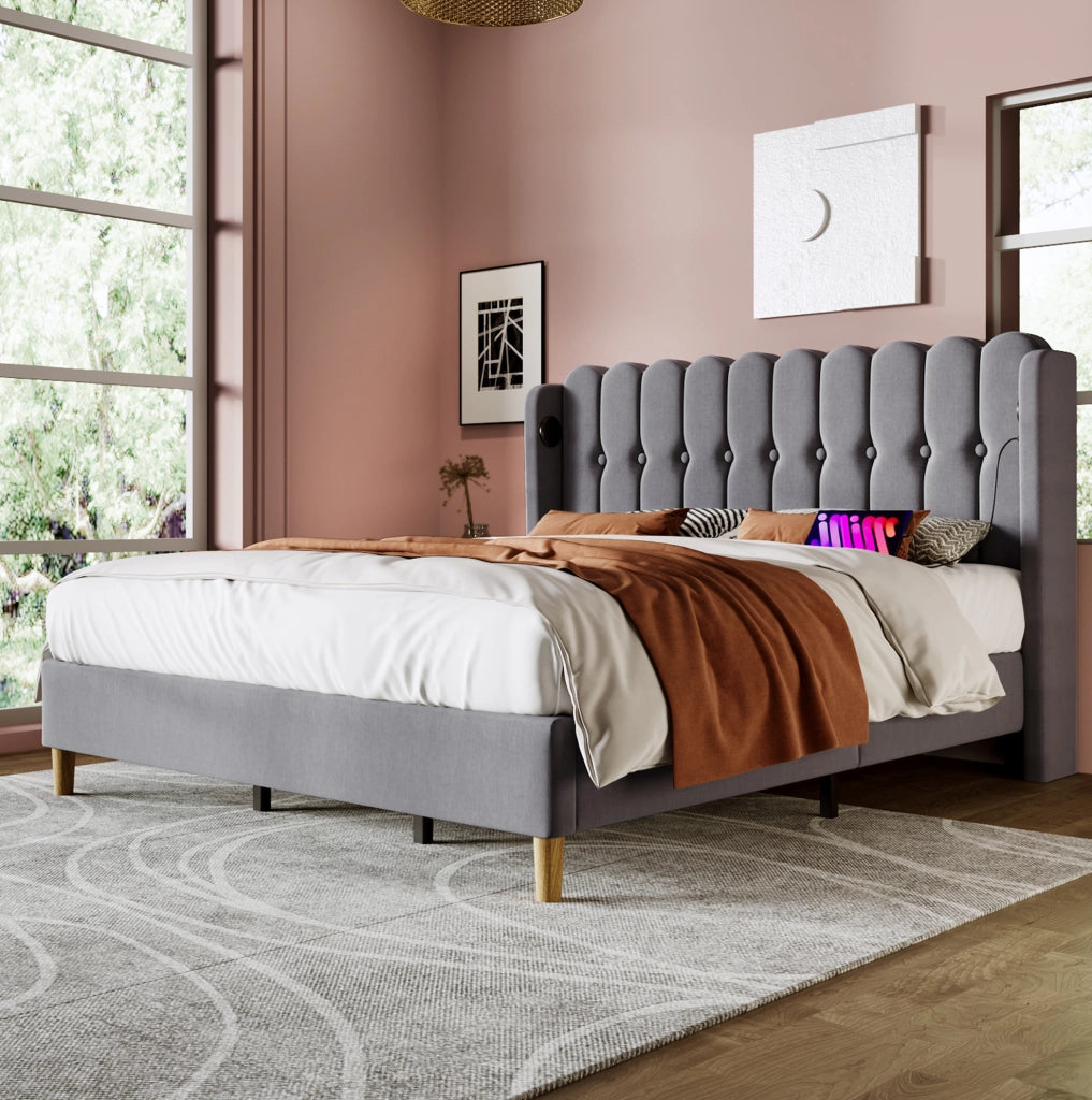 Letto matrimoniale imbottito grigio 180x200 cm con USB e USB-C