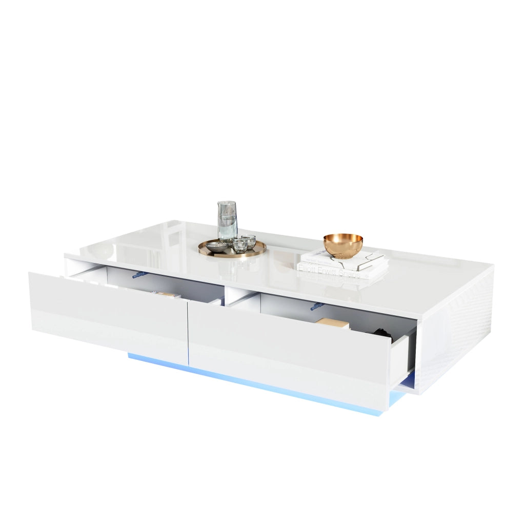Tavolino da salotto moderno bianco lucido 115 x 55 x 34 cm con 2 cassetti, illuminazione LED e portata 30 kg