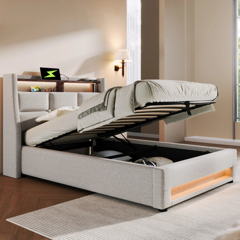 Letti contenitori 90x200 cm con LED e USB; lino beige (Senza materasso)