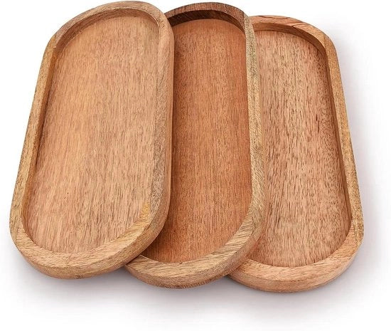 Set di piatti in legno ovale da 3 pezzi - adatto per il servizio - 30,48 cm x 12,7 cm x 1,90 cm