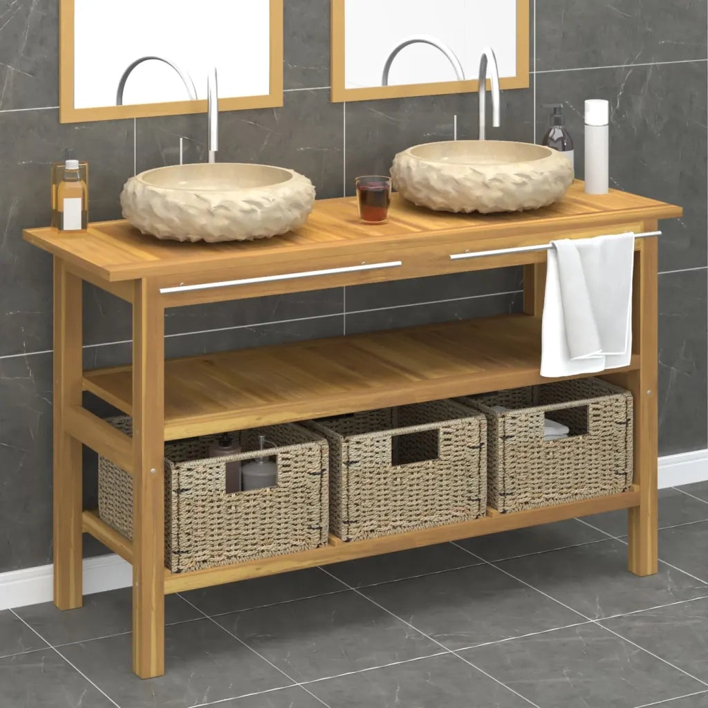 Mobile VanitÃ  Bagno e Lavandini Marmo Crema Legno Massello Teak