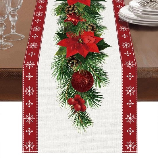Decorazione di Natale a Stagione con Tavolo di Natale a Poinsettia con Fregi Bianchi a Neve, Decorazioni di Natale per la Cucina, 13 x 90 pollici