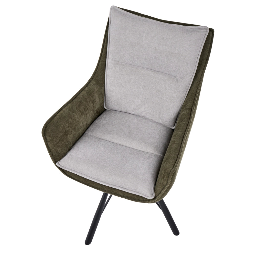 Poltrona grigio chiaro e verde scuro in ciniglia con base girevole in acciaio seduta rigida per soggiorno stile scandinavo moderno