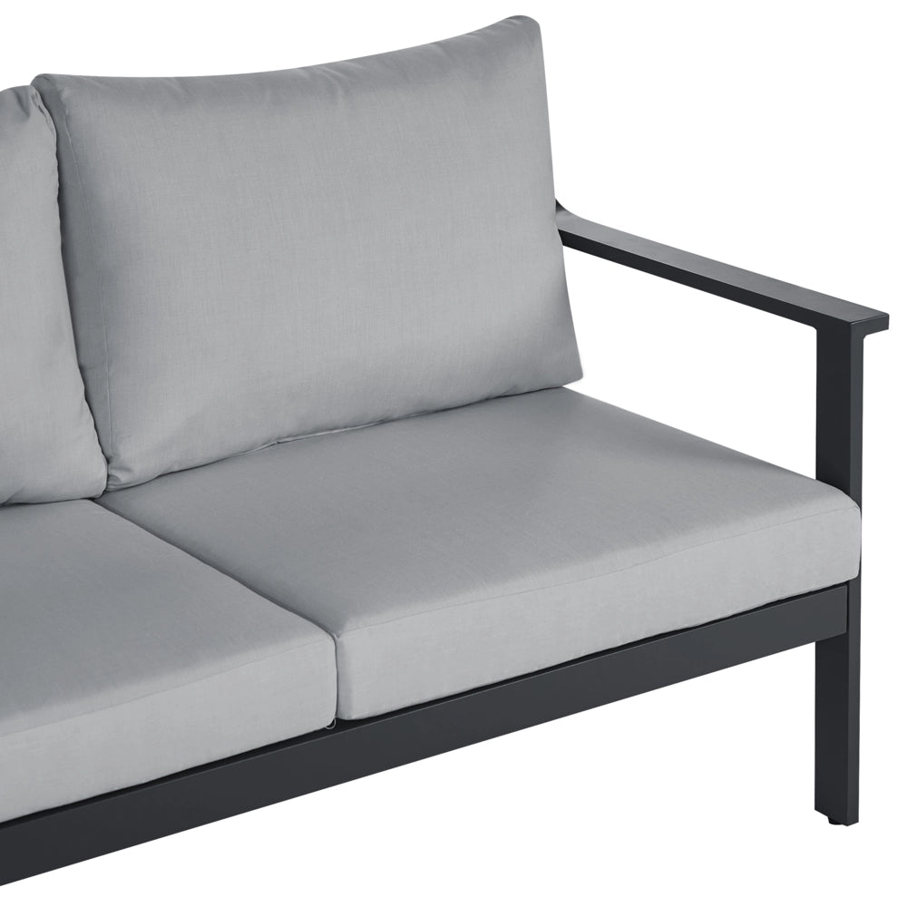 Divano da giardino 3 posti in alluminio con spessi cuscini idrorepellenti in grigio scuro stile moderno scandinavo