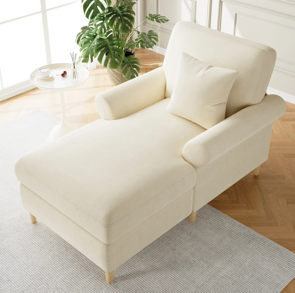 Chaise longue 133x90x87 cm in velluto beige con cuscino