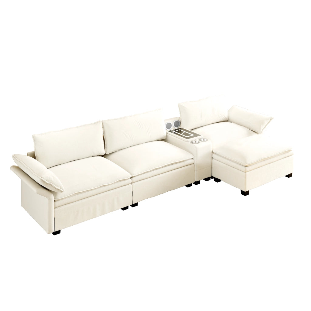 Divano modulare 4 posti con ricarica wireless, altoparlanti Bluetooth, luce, portabicchieri, ciniglia Beige/Bianco