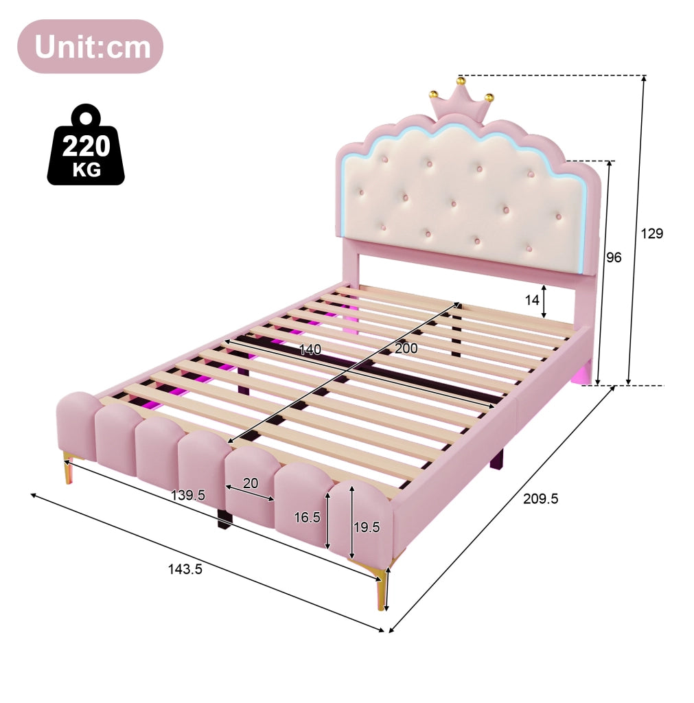 Letto principessa 140x200 cm con luci LED controllabili da app; PU; rosa (Senza materasso)