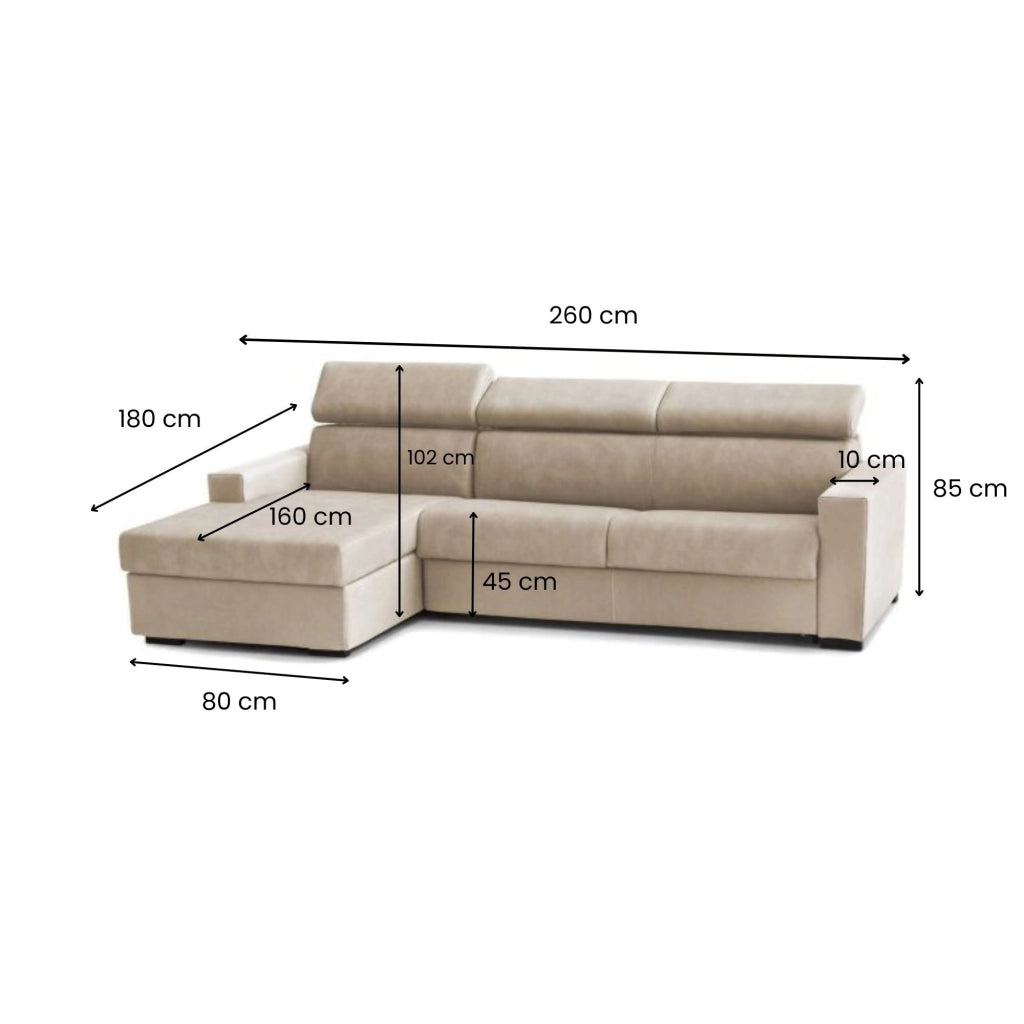 Divano fisso Aryaly, Divano ad angolo, Made in Italy, SofÒ  Soggiorno con chaise longue, in tessuto imbottito - Penisola contenitore Sinistra, con Braccioli slim, cm 260x95h85, Beige