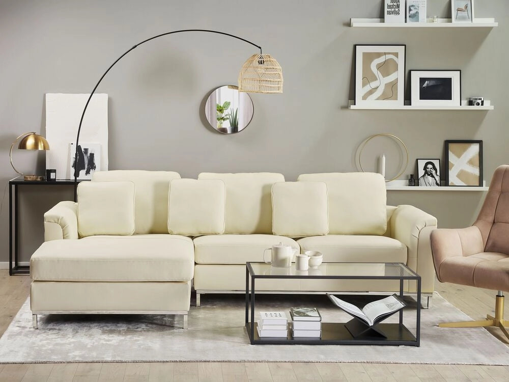 Divano ad angolo con orientamento a versione destra a forma di L rivestito in pelle beige