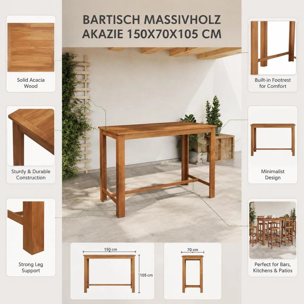 Bar Table Solid Acacia Wood 150x70x105 Cm