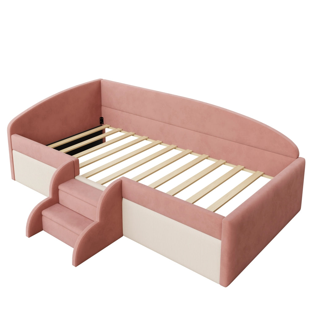 Letto per bambini 90 × 190 cm con scalini antiscivolo e sponda di sicurezza, senza materasso, velluto rosa e bianco crema