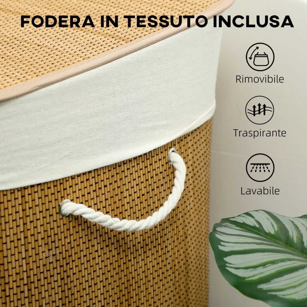 Cesto Portabiancheria 60x40x60 cm con Coperchio 3 Scomparti 144L con Sacca Removibile e Lavabile in Bambù Marrone