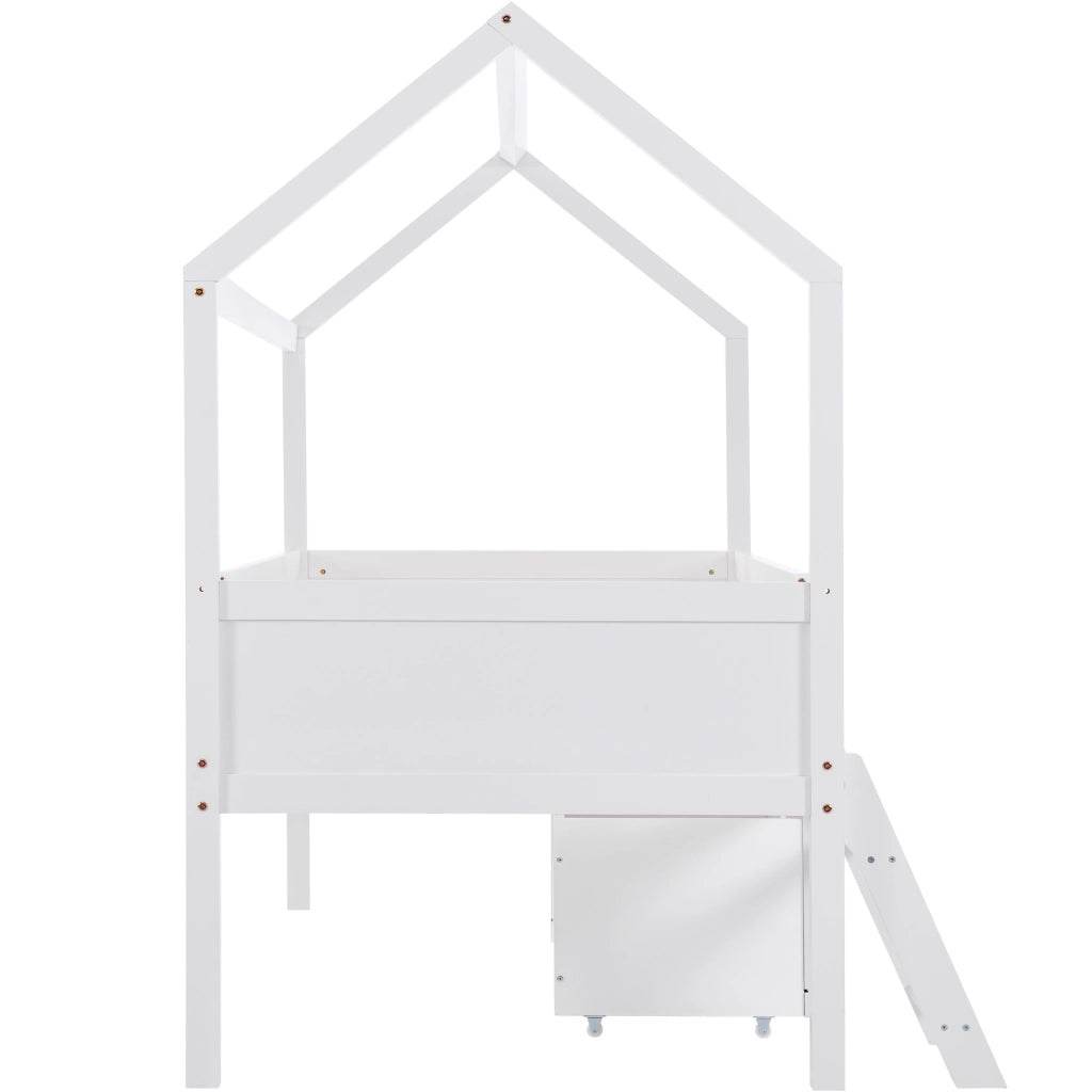LETTO a casetta 90x200 cm in legno massello bianco con scala e cassetti