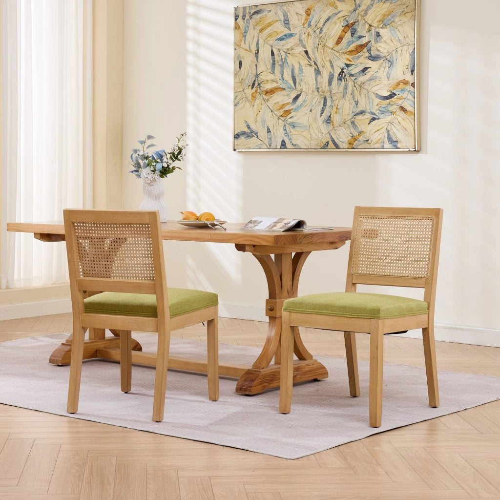 Set di 2 sedie da pranzo, schienale in vimini, stile rustico, struttura in legno, seduta imbottita, colore legno naturale e verde